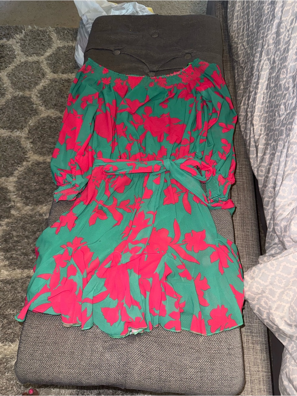 Othr Green & Pink Floral Long Sleeve Off-Shoulder Dress with Tie Waist